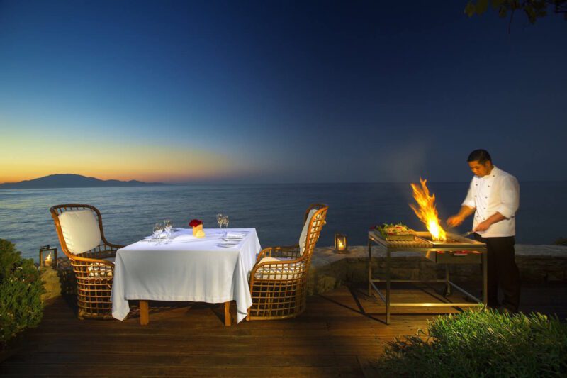 Greece Private Fine Dining In-Villa service private ultra luxury family four-bedroom villa THE GRAND RESIDENCE with 2 private heated pools and private beach Porto Zante Villas & Spa Zakynthos Island